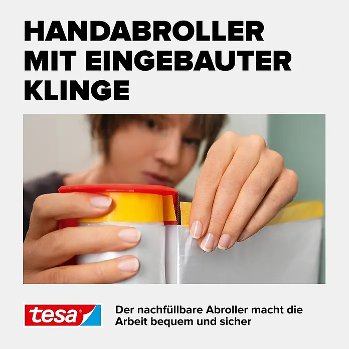 Tesa Abdeckfolie Easy Cover Perfect+ im Spender - L x B: 33 m x 140 cm - Tesa Handabroller mit integrierter Klinge, von einer Person zum Anbringen von Abdeckfolie verwendet. Nachfüllbar für bequemes und sicheres Arbeiten.