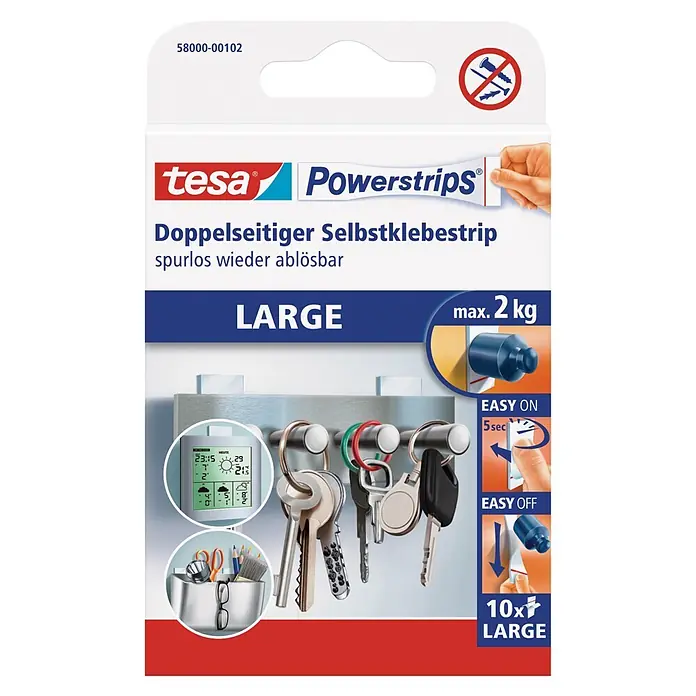 Tesa Powerstrips Selbstklebestrip Large - 10 Stk. - Tesa Powerstrips Große doppelseitige Klebestreifen, max. 2kg, spurlos ablösbar, 10 Stück. Packung zeigt Streifen an Schlüsselhalter.