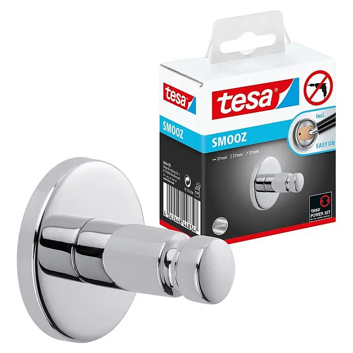 Tesa Smooz Handtuchhaken - Chrom, Glänzend - Tesa SMOOZ Einzelhaken aus Chrom mit Power.Kit bohrfreier Montage, gezeigt mit Produktverpackung.