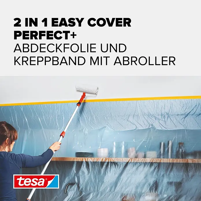 Tesa Abdeckfolie Easy Cover Perfect+ im Spender - L x B: 33 m x 140 cm - tesa 2-in-1 Easy Cover Perfect+ Abdeckfolie und Kreppband schützt Wände und Möbel beim Streichen.