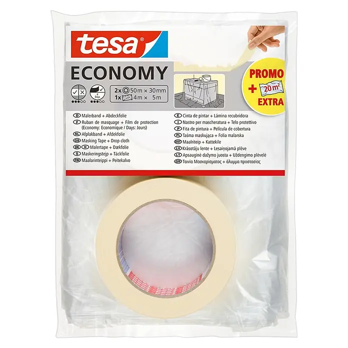 Tesa Kreppband & Abdeckfolie - 3 -tlg. - Verpacktes tesa ECONOMY Abdeckband- und Folien-Set. Beiges Klebeband, Produktdetails und „PROMO +20m² EXTRA“-Aufkleber sichtbar.