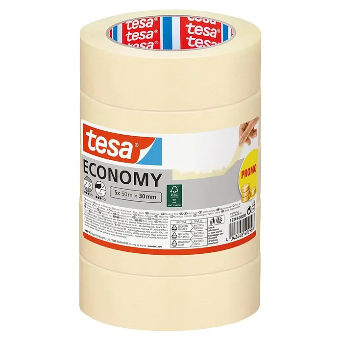 Tesa Malerband Economy PROMO - 5 Stk., 50 m x 30 mm - Eine hellbeige tesa Economy Kreppbandrolle mit Produktdetails und FSC-Label, ideal zum Abdecken.