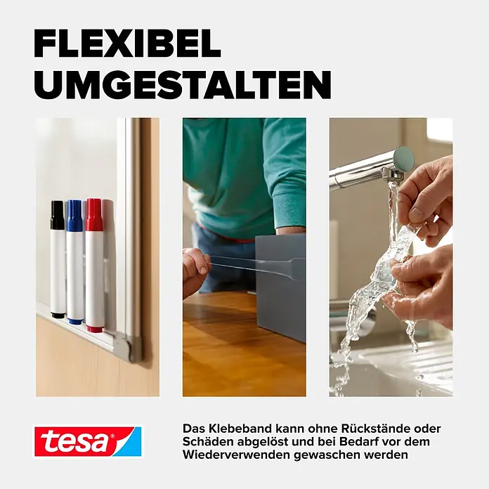 Tesa Doppelseitiges Klebeband Universal Tape with Nano Power - 3 m x 30 mm - Durchsichtiges, wiederverwendbares tesa Klebeband beim Anbringen, rückstandsfreiem Entfernen und Waschen gezeigt.