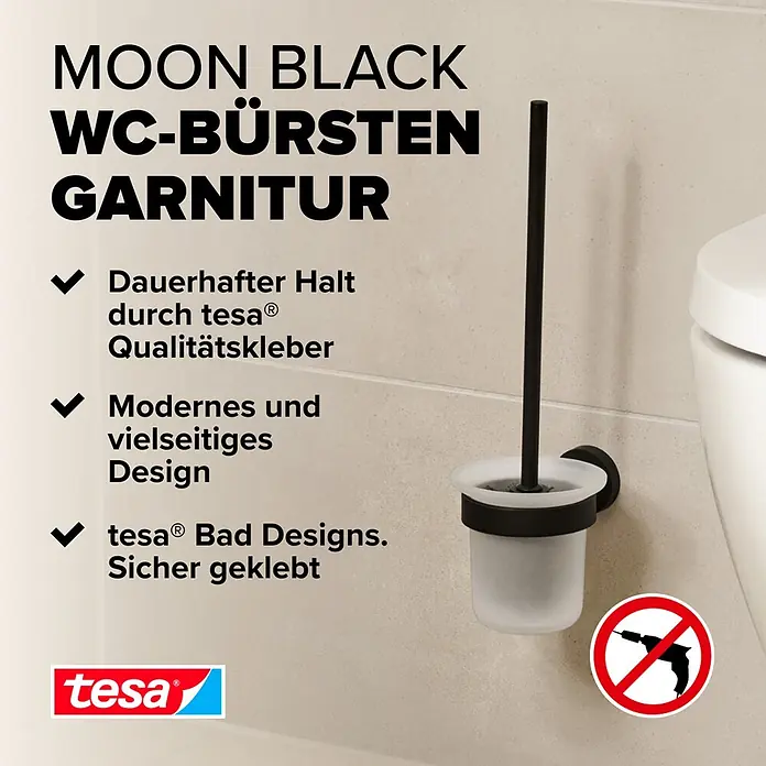Tesa Moon WC-Bürstengarnitur - Mit Halterung, Metall, Schwarz - Wandmontierte schwarze WC-Bürstengarnitur neben einer Toilette, mit schwarzem Halter und Milchglasbecher. Keine Bohrung nötig.