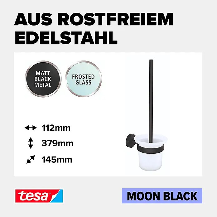 Tesa Moon WC-Bürstengarnitur - Mit Halterung, Metall, Schwarz - Wand-WC-Bürstenhalter aus matt schwarzem Edelstahl mit Milchglasbecher.