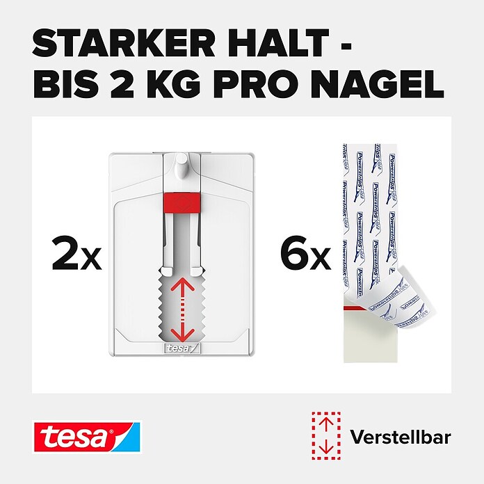 Tesa Verstellbarer Klebenagel (Geeignet für: Tapeten, Belastbarkeit: 2 kg, 2 Stk., Weiß)