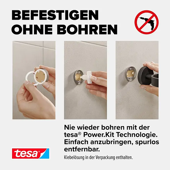 Tesa Moon WC-Bürstengarnitur - Mit Halterung, Metall, Schwarz - Tesa Power.Kit Klebelösung auf runder Metallbasis an Wand, befestigt schwarzes Zubehör ohne Bohren.