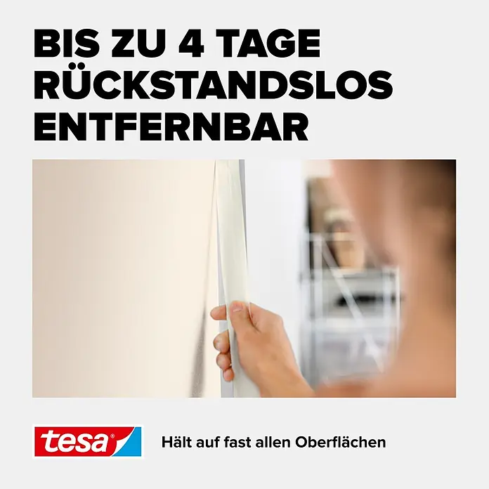 Tesa Kreppband & Abdeckfolie - 3 -tlg. - Hand zieht weißes tesa Abdeckband rückstandsfrei von einer Oberfläche ab.
