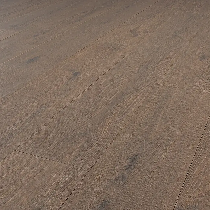 Krono Original Laminat Durastar - Dark Montanara Oak, Landhausdiele, 2.003 x 245 x 9 mm - Brauner Holzboden mit ausgeprägter Maserung, in Dielen verlegt.