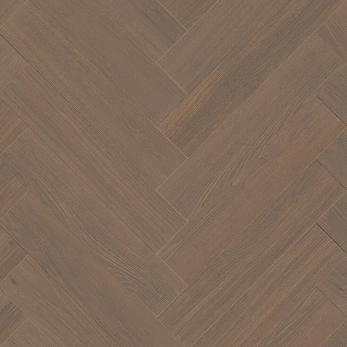 Krono Original Laminat Durastar Herringbone - Dark Montanara Oak, Fischgrät, 630 x 126 x 9 mm - Bräunlich-grauer Holzfußboden im Fischgrätmuster.