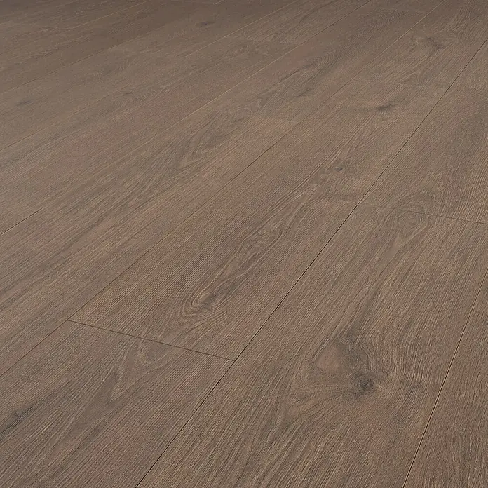 Krono Original Laminat Durastar - Dark Montanara Oak, Landhausdiele, 1.288 x 245 x 9 mm - Dunkelbrauner Holzfußboden mit deutlichen Dielenfugen und natürlicher Maserung.