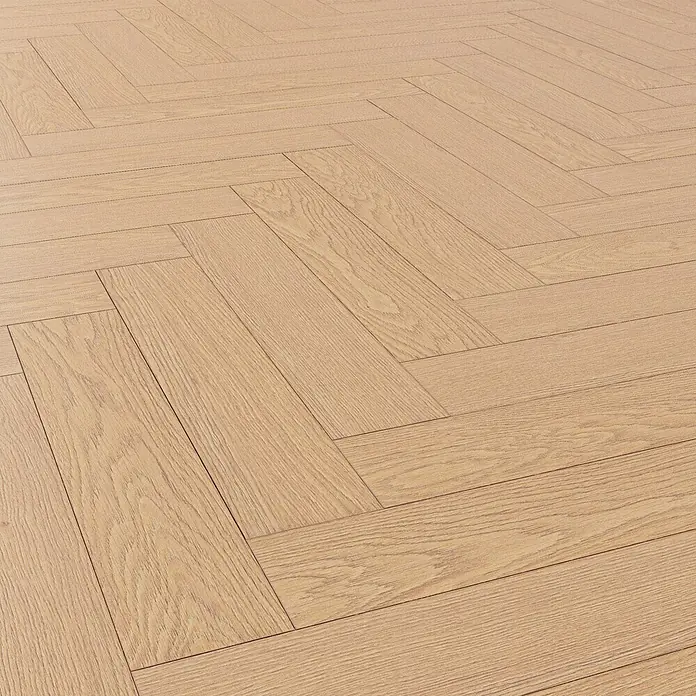 Krono Original Laminat Durastar Herringbone - Natural Darcy Oak, Fischgrät, 630 x 126 x 9 mm - Helle Holzplanken in Fischgrätmuster mit sichtbarer Maserung.