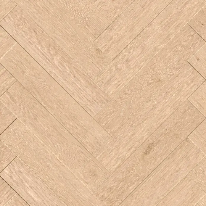 Krono Original Laminat Durastar Herringbone - Blonde Montanara Oak, Fischgrät, 630 x 126 x 9 mm - Heller Naturholzfußboden im klassischen Fischgrätmuster.