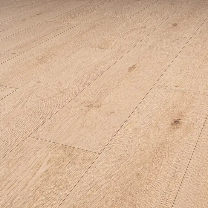 Krono Original Laminat Durastar - Blonde Montanara Oak, Landhausdiele, 1.288 x 245 x 9 mm - Heller Holzlaminatboden mit sichtbarer Maserung und Ästen.