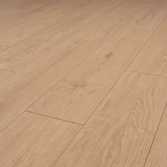 Krono Original Laminat Durastar - Smoked Montanara Oak, Landhausdiele, 1.288 x 245 x 9 mm - Helles Laminat in Naturholzoptik mit sichtbarer Maserung, diagonal verlegt.
