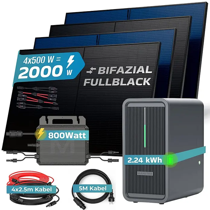 Sunniva Balkonkraftwerk-Set 2000 / 800 Watt mit Marstek 2.24 kWh Speicher - Nennleistung: 800 W, L x B x H: 1.910 x 1.134 x 30 mm - Solaranlage mit vier schwarzen Bifazial-Modulen (2000W), 800W Wechselrichter, 2.24kWh Batteriespeicher und Kabeln.