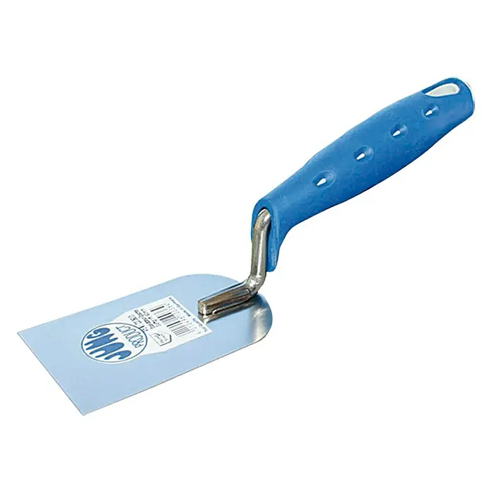 Jung Product Stukkateurspachtel - 60 mm, Qualitätsstahl rostfrei - Nahaufnahme einer JUNG Glättkelle mit blauem Griff, ein nützliches Werkzeug für Bauarbeiten und Renovierungen.