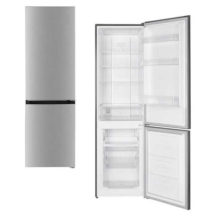 PKM Kühl-Gefrierkombination KG253NFEIXM - Nutzinhalt Gesamt: 253 l, 60 x 54,5 x 181 cm, Inox - Silberner Zweitürer-Kühlschrank, eine Tür geschlossen, die andere offen zeigt leere Innenfächer und Schubladen.