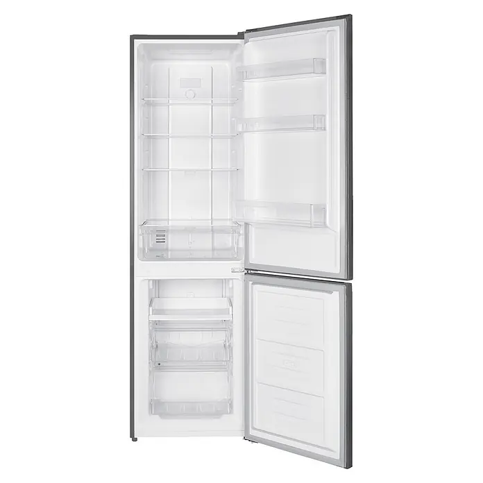 PKM Kühl-Gefrierkombination KG253NFEIXM - Nutzinhalt Gesamt: 253 l, 60 x 54,5 x 181 cm, Inox - Leere zweitürige Kühl-Gefrierkombination mit offenen Türen, weißer Innenraum mit transparenten Fächern und Schubladen.