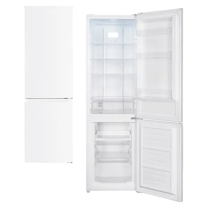 PKM Kühl-Gefrierkombination KG253NFEM - Nutzinhalt Gesamt: 253 l, 60 x 54,5 x 181 cm, Weiß - Weißer zweitüriger Kühlschrank mit geöffneten Kühl- und Gefrierfächern, die leere Ablagen und Schubladen zeigen.