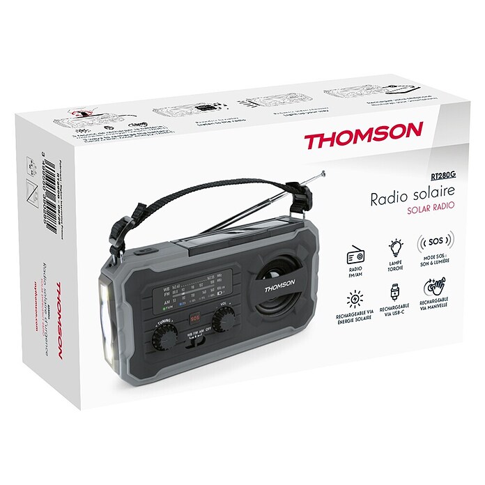 Thomson Radio de batería solar de emergencia RT280G (Gris, 8,8 x 16,8 x 7 cm, AM / FM / LINTERNA) | BAUHAUS