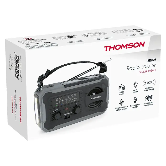 Thomson Radio de batería solar de emergencia RT280G - Gris, 8,8 x 16,8 x 7 cm, AM / FM / LINTERNA - Radio solar Thomson gris y negra con linterna, antena y asa, mostrada en su embalaje blanco con iconos de funciones.