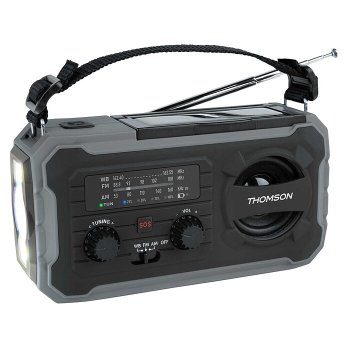 Thomson Radio de batería solar de emergencia RT280G (Gris, 8,8 x 16,8 x 7 cm, AM / FM / LINTERNA) | BAUHAUS