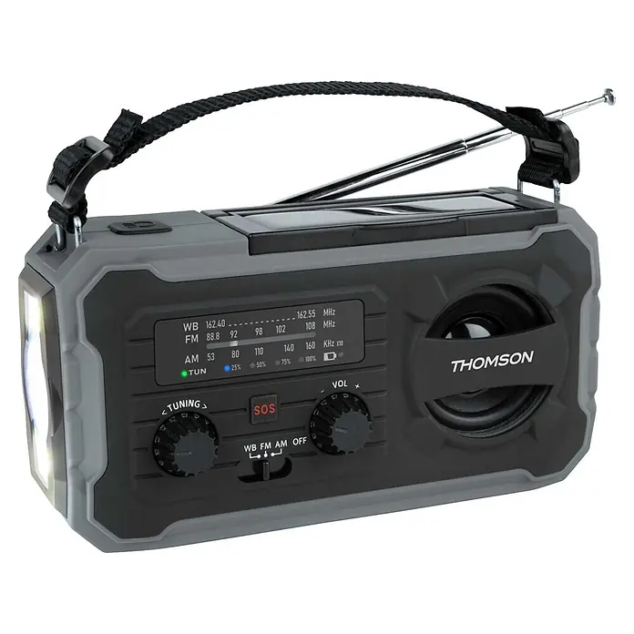 Thomson Radio de batería solar de emergencia RT280G - Gris, 8,8 x 16,8 x 7 cm, AM / FM / LINTERNA - Radio de emergencia THOMSON robusta, gris y negra, con linterna, panel solar, antena, altavoz y correa.