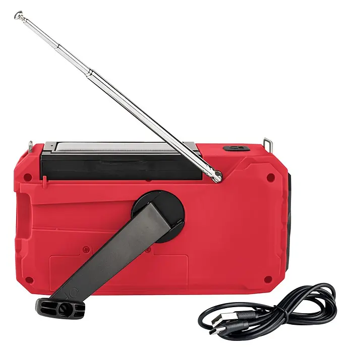Thomson Radio de batería solar de emergencia RT280R - Rojo, 8,8 x 16,8 x 7 cm, AM / FM / LINTERNA - Radio de emergencia roja con antena extendida, manivela negra, panel solar y cable USB enrollado.