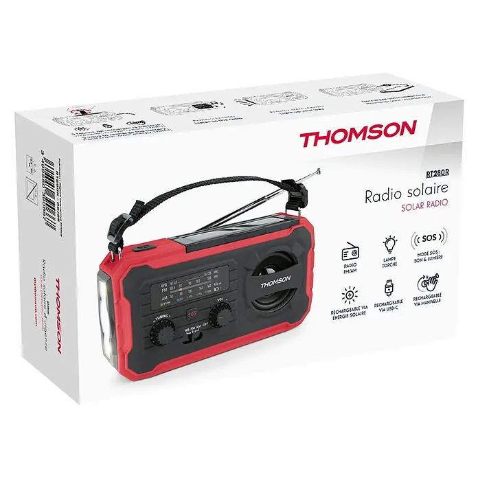 Thomson Radio de batería solar de emergencia RT280R - Rojo, 8,8 x 16,8 x 7 cm, AM / FM / LINTERNA - Radio solar de emergencia Thomson roja y negra con linterna y carga manual, presentada en su caja blanca.