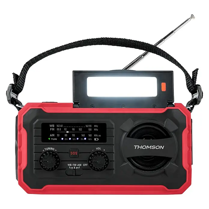 Thomson Radio de batería solar de emergencia RT280R - Rojo, 8,8 x 16,8 x 7 cm, AM / FM / LINTERNA - Radio de emergencia portátil roja y negra con linterna, antena extendida y correa de transporte.