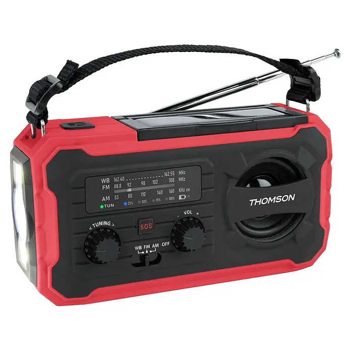 Thomson Radio de batería solar de emergencia RT280R - Rojo, 8,8 x 16,8 x 7 cm, AM / FM / LINTERNA - Radio de emergencia roja y negra con linterna integrada, panel solar, antena extensible y correa de transporte.