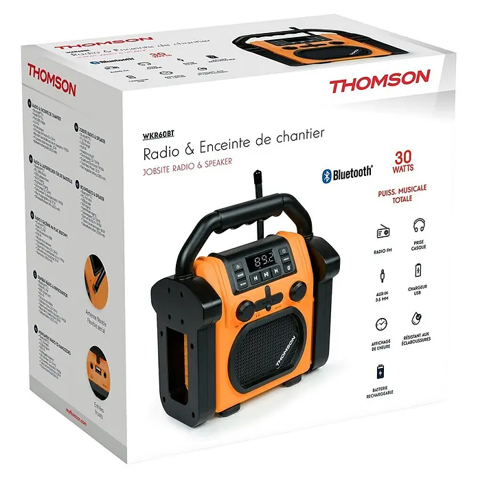 Thomson Radio de batería para la obra WKR60BT - 2.000 mAh - Radio y altavoz de obra Thomson WKR60BT naranja y negro con pantalla digital, asa y diseño robusto.