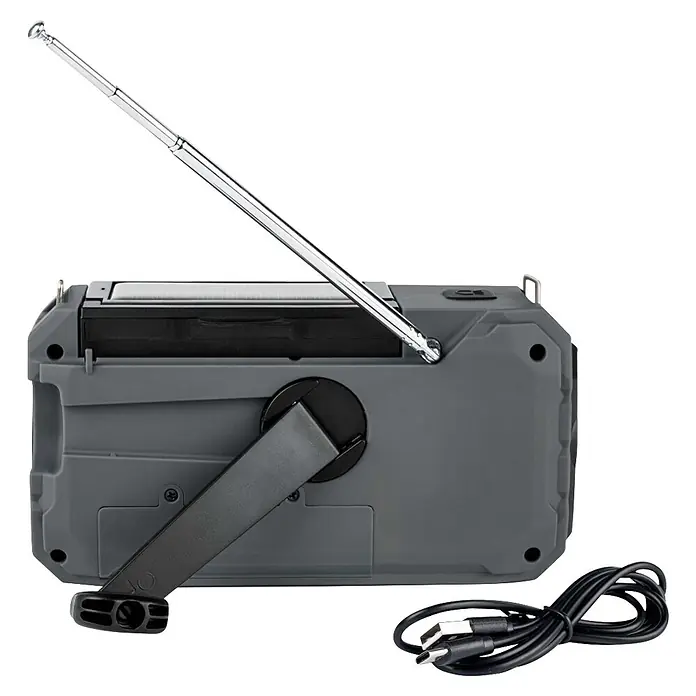 Thomson Radio de batería solar de emergencia RT280G - Gris, 8,8 x 16,8 x 7 cm, AM / FM / LINTERNA - Radio de emergencia gris con manivela, antena extendida, panel solar y cable de carga.