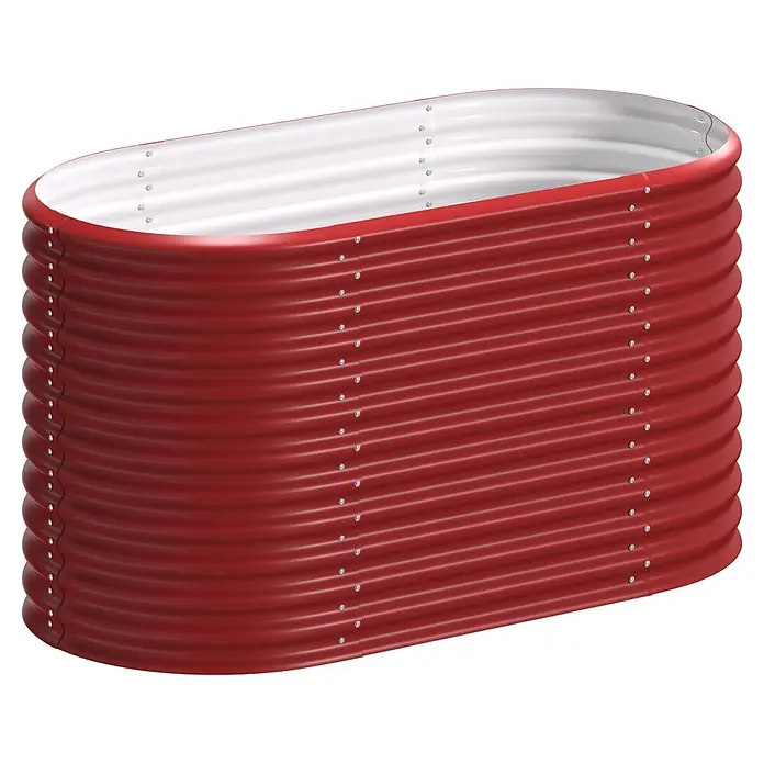 Vitavia Hochbeet Terra 858 - 162 x 82 x 85,8 cm, Zincalume®, Rubin/Ziegelrot - Rotes, wellenförmiges ovales Hochbeet aus Metall mit weißem Innenrand.