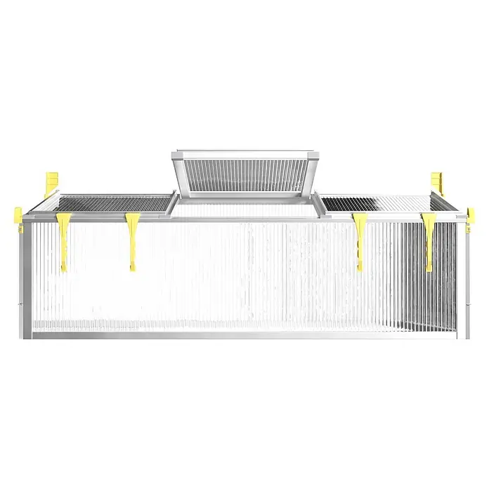 Juwel Frühbeet Premium-BIOSTAR 1500 - 150 x 80 x 50 cm, Polycarbonat, Transparent/Gelb - Käseschneider aus Metall mit mehreren Drähten und gelben Griffen.