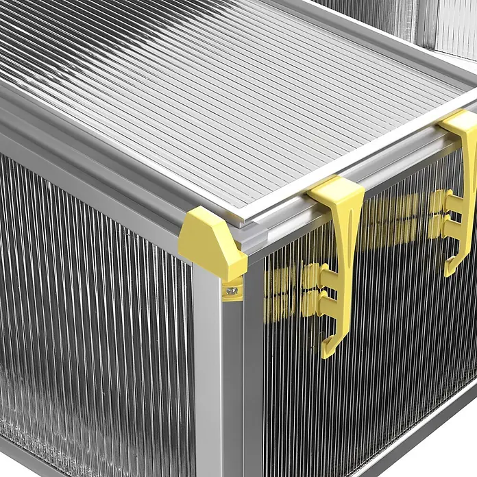 Juwel Frühbeet Premium-BIOSTAR 1500 - 150 x 80 x 50 cm, Polycarbonat, Transparent/Gelb - Silbernes Modulgehäuse mit gerippten Seiten und Netzoberseite, mit gelben Klammern befestigt.