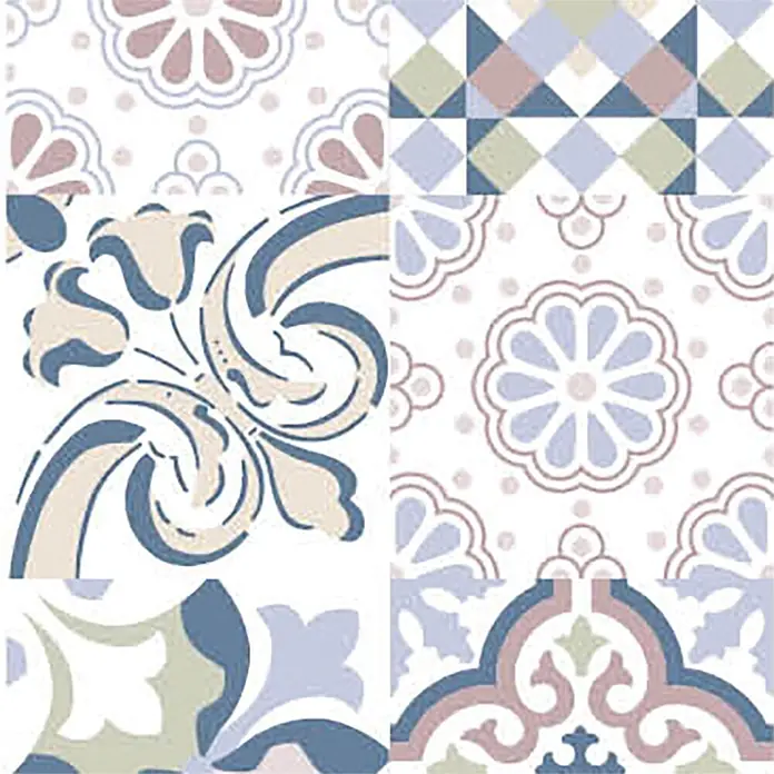 SanDesign Alu-Verbundplatte - 33 x 250 cm, Vintage - Verschiedene dekorative Keramikfliesen in gedämpftem Blau, Rosa, Beige, Grün und Weiß mit floralen, ornamentalen und geometrischen Mustern.