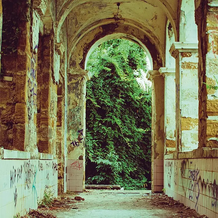 SanDesign Acryl-Verbundplatte - 100 x 250 cm, Lost Place Abbey - Verlassener, gewölbter Steinkorridor mit abblätternder Farbe und Graffiti, der zu einem Bogen mit dichtem grünen Laub führt.