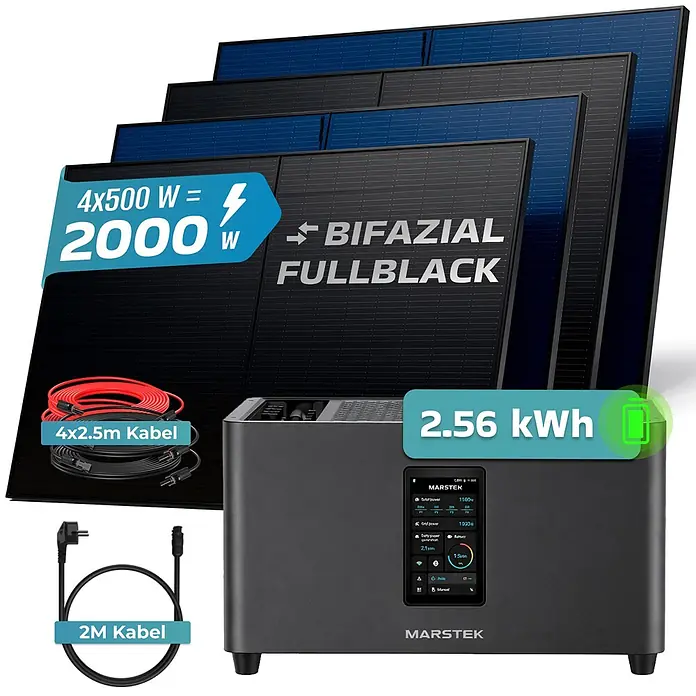 Sunniva Balkonkraftwerk-Set 2000 / 800 Watt mit Marstek Jupiter C Plus 2.56 kWh Speicher - Nennleistung: 800 W - MARSTEK Solarkit: vier bifaziale 500W Full-Black-Solarmodule (2000W gesamt), 2.56 kWh Powerstation und Anschlusskabel.