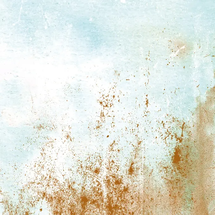 SanDesign Acryl-Verbundplatte - 100 x 250 cm, Copper Rust - Abstrakte Textur mit Hellblau und Weiß, mit braunen Sprenkeln und Flecken.