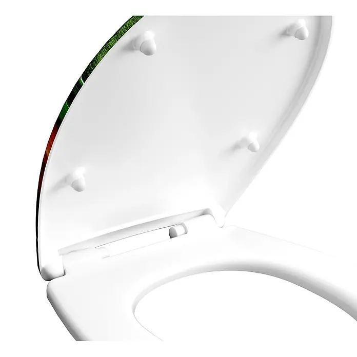 Calmwaters WC-Sitz Motiv Halbzeitpause - Duroplast, Mehrfarbig, Mit Absenkautomatik - Weiße Toilettenbrille mit offenem Deckel, der eine farbige Unterseite und weiße Puffer zeigt.