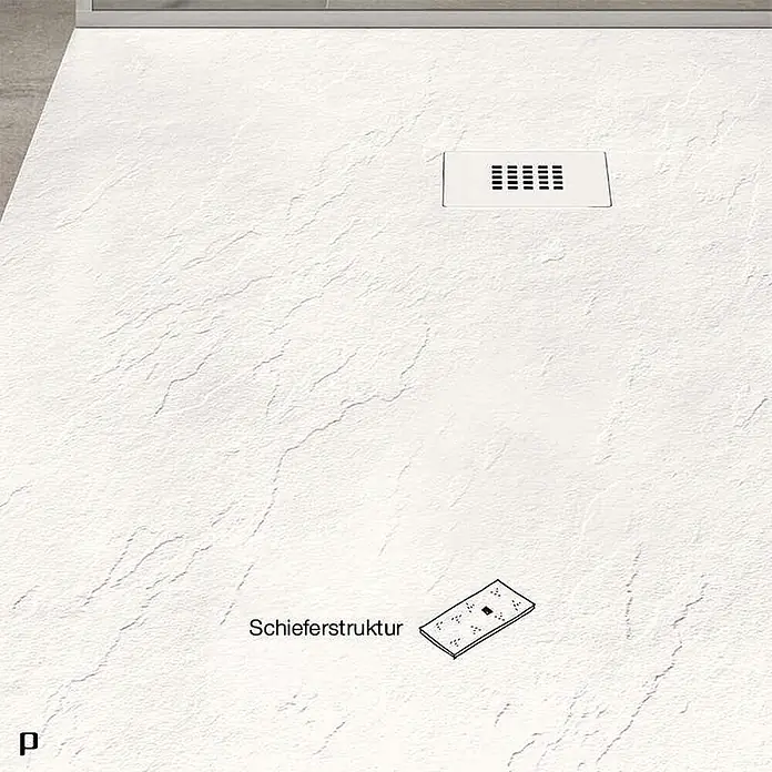 Poalgi Duschwanne Hos's - L x B: 180 x 100 cm, Verbundwerkstoff, Blanco - Weiße Duschwanne mit Schieferstruktur und integriertem rechteckigem Ablauf.