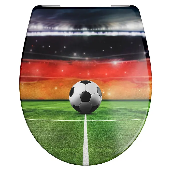 Calmwaters WC-Sitz Motiv Halbzeitpause - Duroplast, Mehrfarbig, Mit Absenkautomatik - Toilettensitz mit Fußballstadion-Design, deutschen Flaggenfarben auf den Tribünen und Fußball auf dem Rasen.