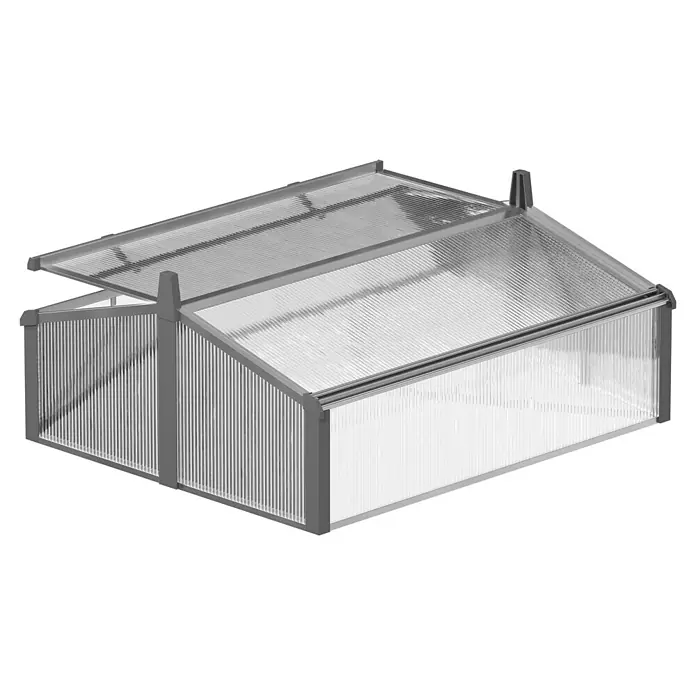 Juwel Easy Fix Doppelfrühbeet - 100 x 120 x 40 cm - Grauer Metall-Frühbeetkasten mit transparenten Wellplatten, ein Dachbereich leicht geöffnet.