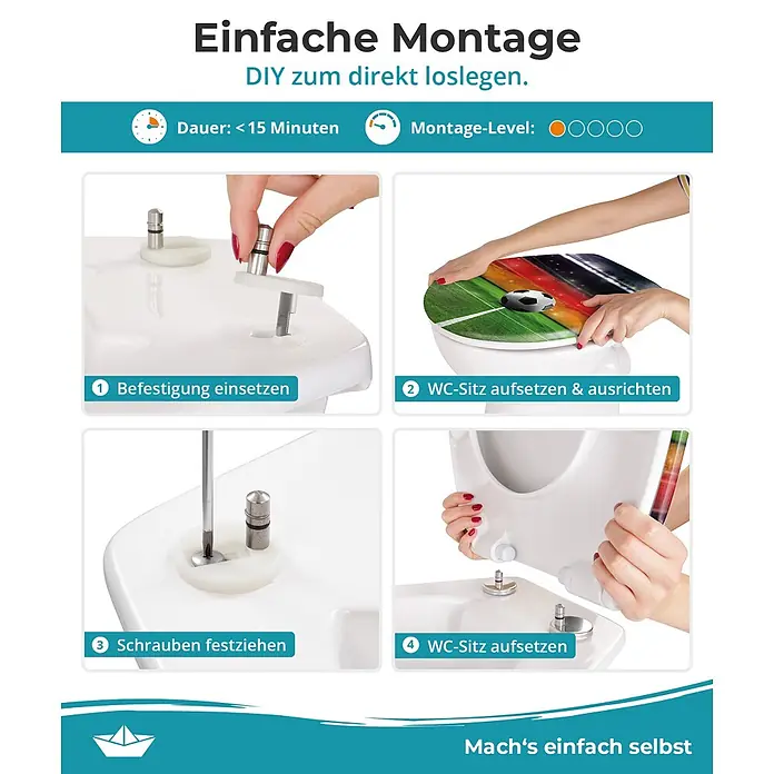 Calmwaters WC-Sitz Motiv Halbzeitpause - Duroplast, Mehrfarbig, Mit Absenkautomatik - Installationsanleitung für einen weißen WC-Sitz mit Fußballmotiv. Zeigt Schritte zum Befestigen, Aufsetzen und Festziehen der Schrauben.