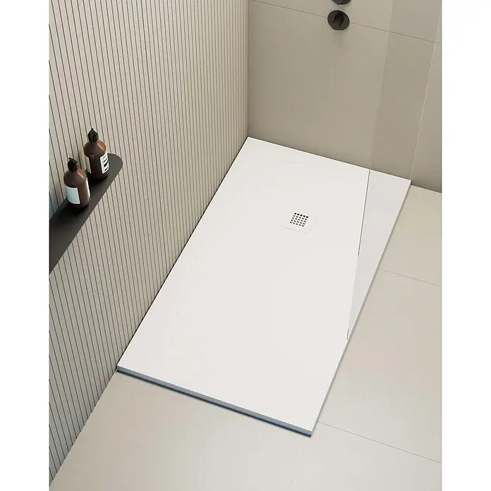 Poalgi Duschwanne Hos's - L x B: 180 x 100 cm, Verbundwerkstoff, Blanco - Weißes, rechteckiges Duschbecken mit quadratischem Abfluss in einer modernen Dusche.