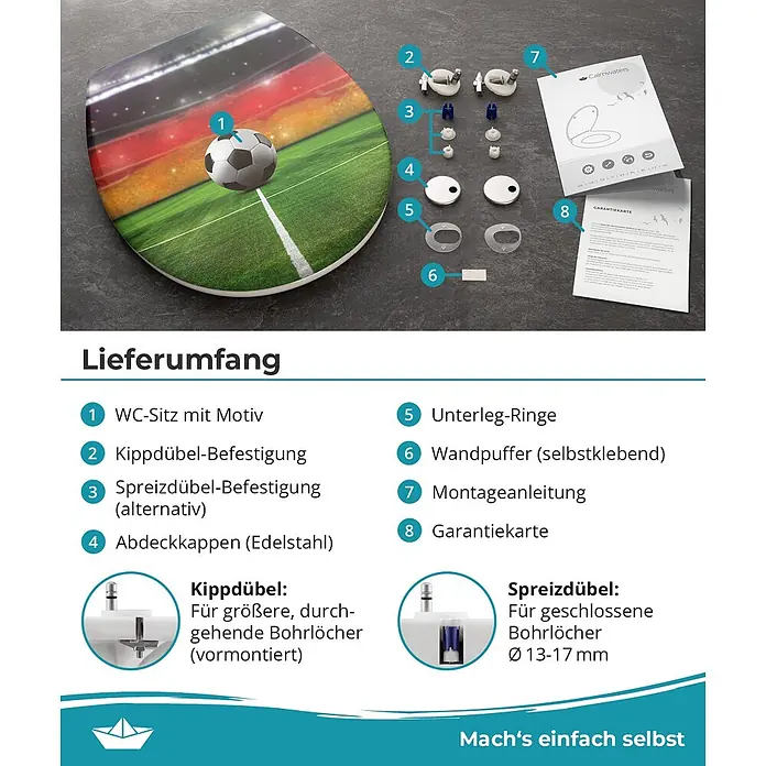 Calmwaters WC-Sitz Motiv Halbzeitpause - Duroplast, Mehrfarbig, Mit Absenkautomatik - WC-Sitz mit Fußballstadion-Motiv und vollständigem Montagesatz: Kipp- und Spreizdübel, Abdeckkappen, Unterlegringe, Puffer.
