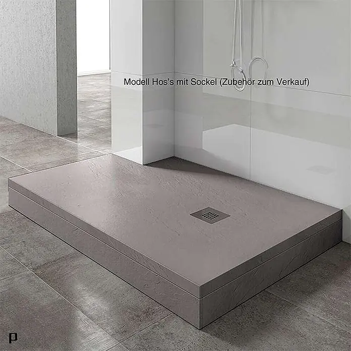 Poalgi Duschwanne Hos's - L x B: 120 x 100 cm, Verbundwerkstoff, Concret - Erhobene dunkelgraue strukturierte Duschwanne mit quadratischem Abfluss.