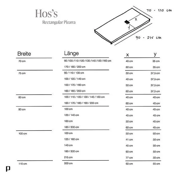 Poalgi Duschwanne Hos's HL - L x B: 130 x 80 cm, Verbundwerkstoff, Blanco - Technische Zeichnung und Maßtabelle für eine rechteckige Duschwanne, mit Breite, Länge und Abflusskoordinaten (x, y).
